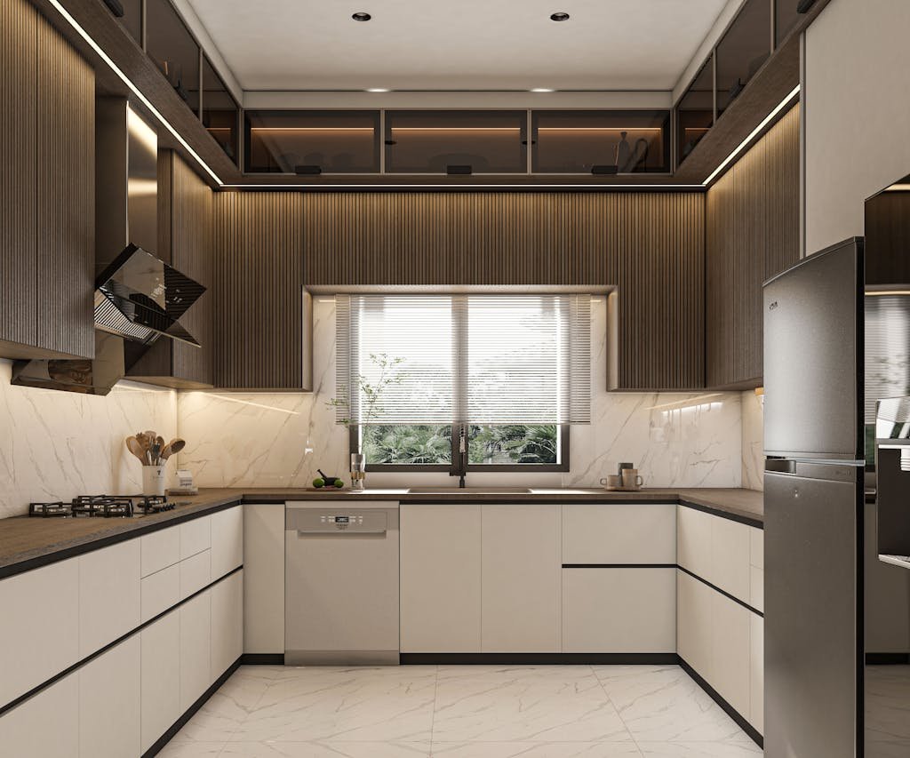 Stylish modern kitchen with natural light and elegant design in Giza, Egypt.
